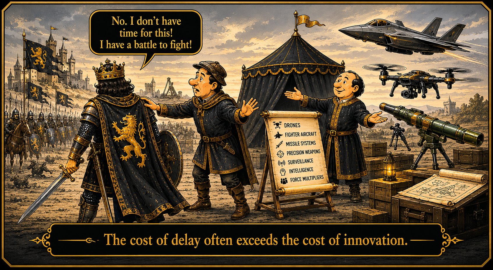 A medieval knight dismisses a merchant offering modern weapons — drones, jets, missile launchers — insisting he has no time because he has a battle to fight with his sword.