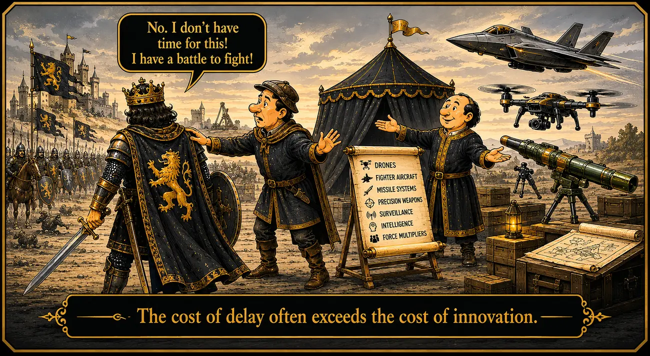 A medieval knight dismisses a merchant offering modern weapons — drones, jets, missile launchers — insisting he has no time because he has a battle to fight with his sword.